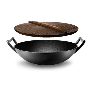 NutriChef Cooking Wok Cast Iron Stir Fry Pan with Wooden Lid. View a larger version of this product image.
