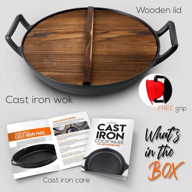 NutriChef Cooking Wok Cast Iron Stir Fry Pan with Wooden Lid. View a larger version of this product image.