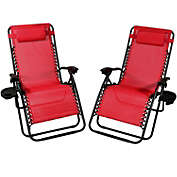 Sunnydaze Oversized Folding Fade-Resistant Outdoor XL Zero Gravity Lounge Chairs with Pillow and Cup Holder - Red - 2-Pack