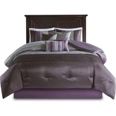 Slickblue King Size 7 Piece Bed In A Bag Comforter Set Faux Silk Purple Gray Stripes. View a larger version of this product image.