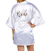 Sparkle and Bash White Wedding Satin Kimono Robe for Bride, Rose Gold Letters (X-Small to Small)