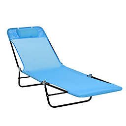 Outsunny Portable Sun Lounger, Folding Chaise Lounge Chair w/ Adjustable Backrest & Pillow for Beach, Poolside and Patio, Blue & Black