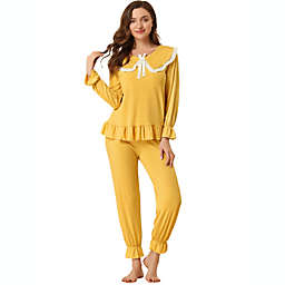 Allegra K Women's Pajama Sets Peter Pan Collar With Chest Pads Lounge Sets Yellow XS