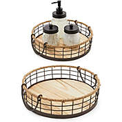 Farmlyn Creek Round Wooden Wire Basket Trays with Handles, Farmhouse Decor (2 Sizes, 2 Pack)