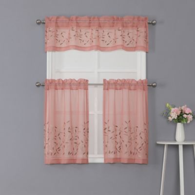 Just-Enjoy Lace 3pc Beige Embroidered Floral Lace Kitchen Curtain Tier & Valance Set Rose 