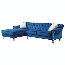 Passion Furniture Encino 99 in. Chesterfield Tufted Navy Blue Velvet Sectional Sofa with 2-Throw Pillow