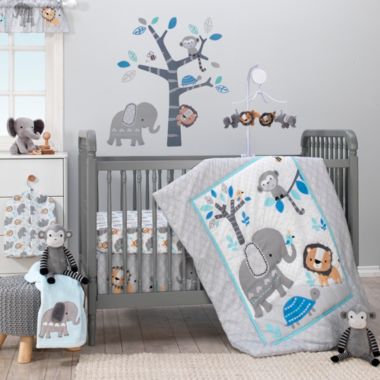 Bedtime Originals Jungle Fun Gray/Blue/White Elephant, Lion and Monkey 3-Piece Baby Nursery Crib Bedding Set. View a larger version of this product image.