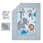 Alternate image 1 for Bedtime Originals Jungle Fun Gray/Blue/White Elephant, Lion and Monkey 3-Piece Baby Nursery Crib Bedding Set