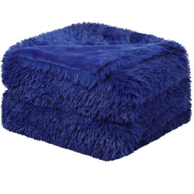 BLUE faux-fur Blanket bedding super soft ~1PC KING QUEEN Fluffy LIMITED EDITION 