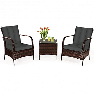 Costway-CA 3 Pcs Patio Conversation Rattan Furniture Set with Glass Top Coffee Table and Cushions-Gray. View a larger version of this product image.