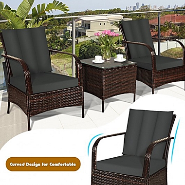 Costway-CA 3 Pcs Patio Conversation Rattan Furniture Set with Glass Top Coffee Table and Cushions-Gray. View a larger version of this product image.