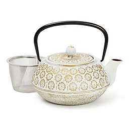 Juvale White Floral Cast Iron Teapot Kettle with Stainless Steel Infuser (34 oz)