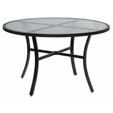 Garden Elements Bellevue Aluminum Rim 40" Round Glass Top Dining Table, Dark Taupe. View a larger version of this product image.