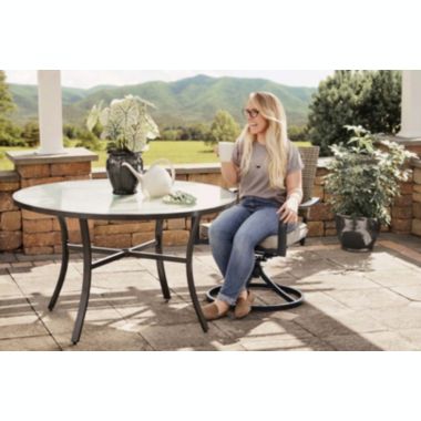 Garden Elements Bellevue Aluminum Rim 40" Round Glass Top Dining Table, Dark Taupe. View a larger version of this product image.