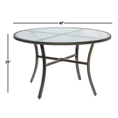 Garden Elements Bellevue Aluminum Rim 40" Round Glass Top Dining Table, Dark Taupe. View a larger version of this product image.
