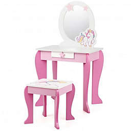 Costway Kids Wooden Makeup Dressing Table and Chair Set with Mirror and Drawer