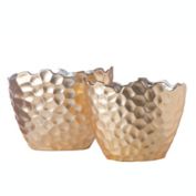 Urban Trends Collection Ceramic Oval Pot with Irregular Lip, Geometric Pattern and Tapered Bottom Set of Two Matte Finish Champagne