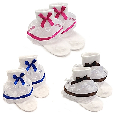 Wrapables Lil Miss Bella Lace & Ribbon Ruffle Socks for Toddler Girl, Set of 3 / (Size 4-6) - Navy Blue, Hot Pink, Brown. View a larger version of this product image.