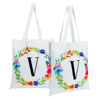 Okuna Outpost Set of 2 Reusable Monogram Letter V Personalized Canvas Tote Bags for Women, Floral Design (29 Inches). View a larger version of this product image.