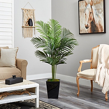 Nearly Natural Home Decorative 5&#39;H Paradise Palm Artificial Tree in Black Metal Planter. View a larger version of this product image.