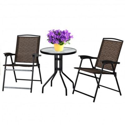 Costway 3 Pieces Bistro Patio Garden Furniture Set of Round Table and Folding Chairs