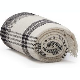 Americanflat 50x60 Throw Blanket, 100% Cotton with Fringe, Beige Black Plaid