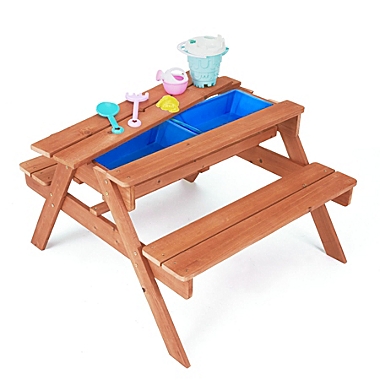 Teamson Kids Outdoor Wooden Picnic Table with 2 Sensory Bins for Sand/Water Play Plus Accessories, Warm Cherry. View a larger version of this product image.