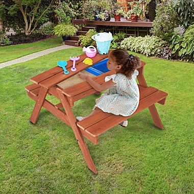 Teamson Kids Outdoor Wooden Picnic Table with 2 Sensory Bins for Sand/Water Play Plus Accessories, Warm Cherry. View a larger version of this product image.