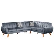 Saltoro Sherpi Lynn 2 Piece L Shaped Sectional Sofa, Vertical Tufting, Velvet, Slate Blue-