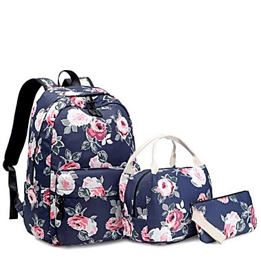 Rose Print Backpack, Lunch Bag and Pencil Case Set - Navy Blue. View a larger version of this product image.