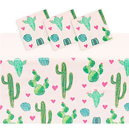 Sparkle and Bash Plastic Cactus Tablecloth for Let's Fiesta Birthday Party Decorations (Pink, 54x108 In, 3 Pack)