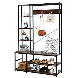 Infinity Merch Entryway Storage Shelves and Shoes Bench with Hooks in Black Vintage Walnut