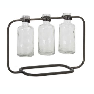 Melrose Home Decorative Vase In Holder (Set of 4) 10.25" x 7.5"H Glass/Metal. View a larger version of this product image.