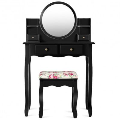 Costway Makeup Vanity Table Set Girls Dressing Table with Drawers Oval Mirror-Black