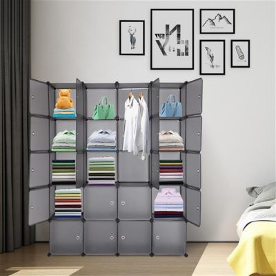 Infinity Merch 20 Cube Stackable Plastic Cube Storage Shelves with Hanging Rod in Gray