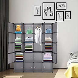 Infinity Merch 20 Cube Stackable Plastic Cube Storage Shelves with Hanging Rod in Gray