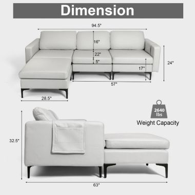 Slickblue Modular L-shaped Sectional Sofa with Reversible Chaise and 2 USB Ports-Light Grey. View a larger version of this product image.