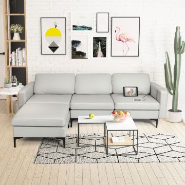 Slickblue Modular L-shaped Sectional Sofa with Reversible Chaise and 2 USB Ports-Light Grey. View a larger version of this product image.