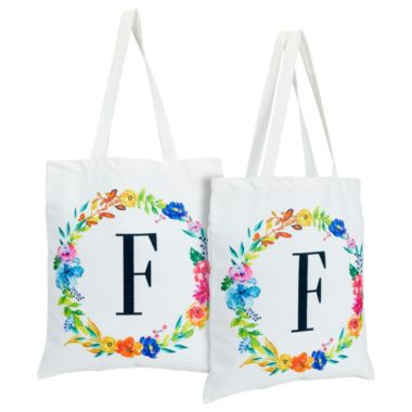 Okuna Outpost Set of 2 Reusable Monogram Letter F Personalized Canvas Tote Bags for Women, Floral Design (29 Inches). View a larger version of this product image.