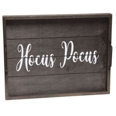 Elegant Designs "Hocus Pocus" Decorative Wood Serving Tray with Black Metal Handles, 15.5"L x 12"W - Black Wash. View a larger version of this product image.