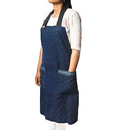 Ohrna JAMA Apron in Woven Ikat Cotton Adjustable Size with Large Pockets with an Embroidered Trim - Blue
