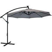Sunnydaze Outdoor Steel Cantilever Offset Patio Umbrella with Solar LED Lights, Air Vent, Crank, and Base - 9&#39; - Smoke