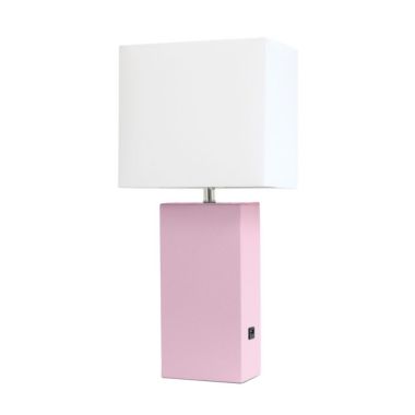 Elegant Designs Modern Leather Table Lamp with USB and White Fabric Shade. View a larger version of this product image.