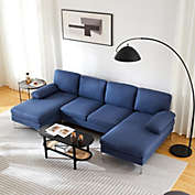 Infinity Merch 4 Seater Sectional Sofa U Shape Couch Set with 2 Chaise Fabric Upholstered Blue