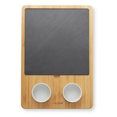 Casafield Organic Bamboo Cheese Board Gift Set - Wooden Charcuterie Platter Serving Tray for Meat, Fruit and Crackers - Slate Board, 2 Ceramic Bowls, 4 Stainless Steel Knives, Slate Labels and Chalk. View a larger version of this product image.