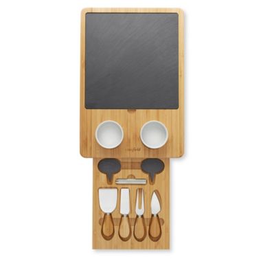 Casafield Organic Bamboo Cheese Board Gift Set - Wooden Charcuterie Platter Serving Tray for Meat, Fruit and Crackers - Slate Board, 2 Ceramic Bowls, 4 Stainless Steel Knives, Slate Labels and Chalk. View a larger version of this product image.