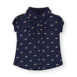 Hope & Henry Girls' Ruffle Front Shirt with Puff Sleeves (Navy with Tan Horse Print, 4)