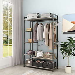 New Space Free-Standing Closet Organizer with Storage Box & Side Hook, Portable Garment Rack with 6 Shelves and Hanging Rod, Black Metal Frame&Rustic Board Finish, Hanging Closet Shelves (Rustic Brown).