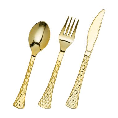 Smarty Had A Party Shiny Metallic Gold Glamour Plastic Cutlery Set (600 Spoons, 600 Forks and 600 Knives). View a larger version of this product image.