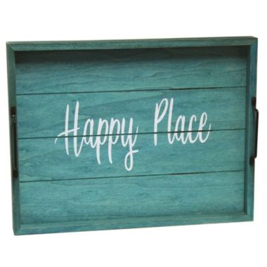 Elegant Designs "Happy Place" Decorative Wood Serving Tray with Black Metal Handles, 15.5"L x 12"W - Blue Wash. View a larger version of this product image.
